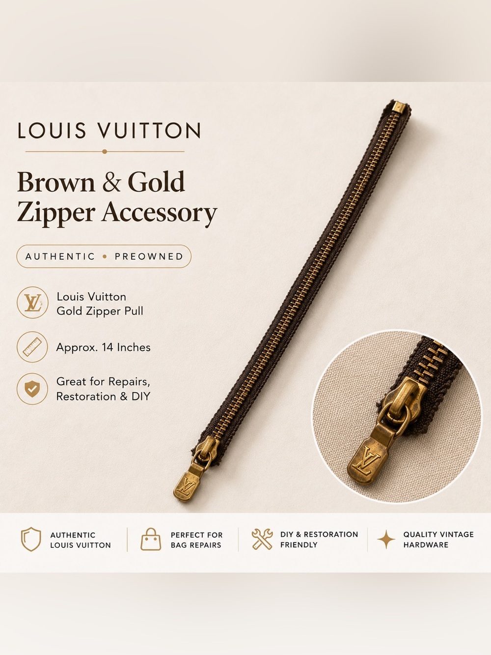 Louis Vuitton Brown Gold Zipper Pull Replacement Repair Piece Vintage sku-Z04
